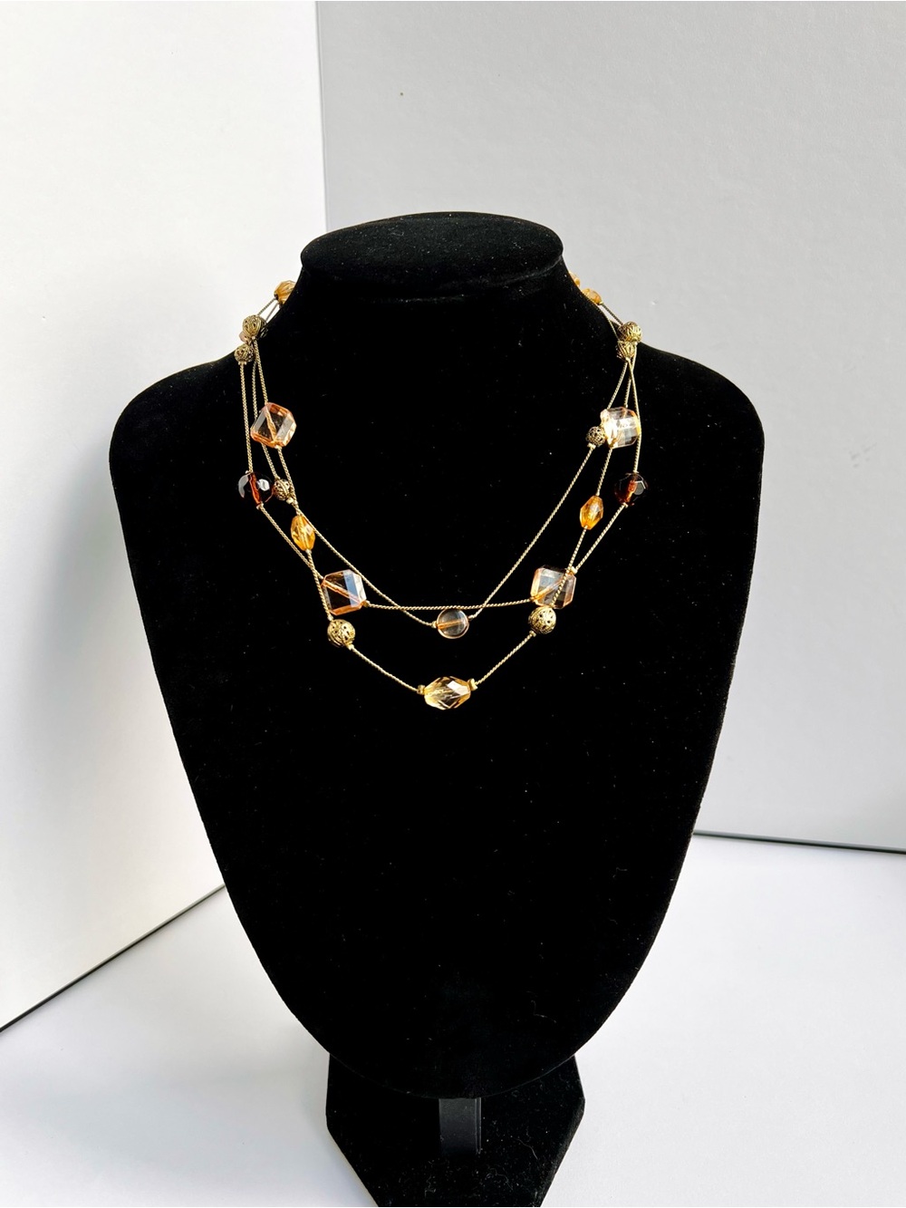 Vintage Layered Necklace with Champagne & Brown Beads 15.5"+3"
